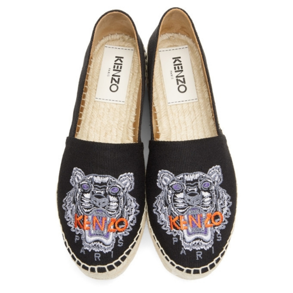 Kenzo Tiger‎ Espadrilles Black Canvas Logo Flats Size 36